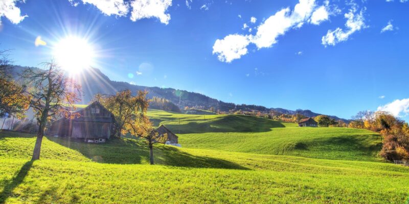 Sunny farm with blue sky and clouds